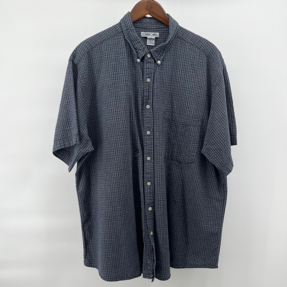 Cherokee Mens XXL Navy Blue Micro Check Short Sleeve Button Down Cotton Shirt